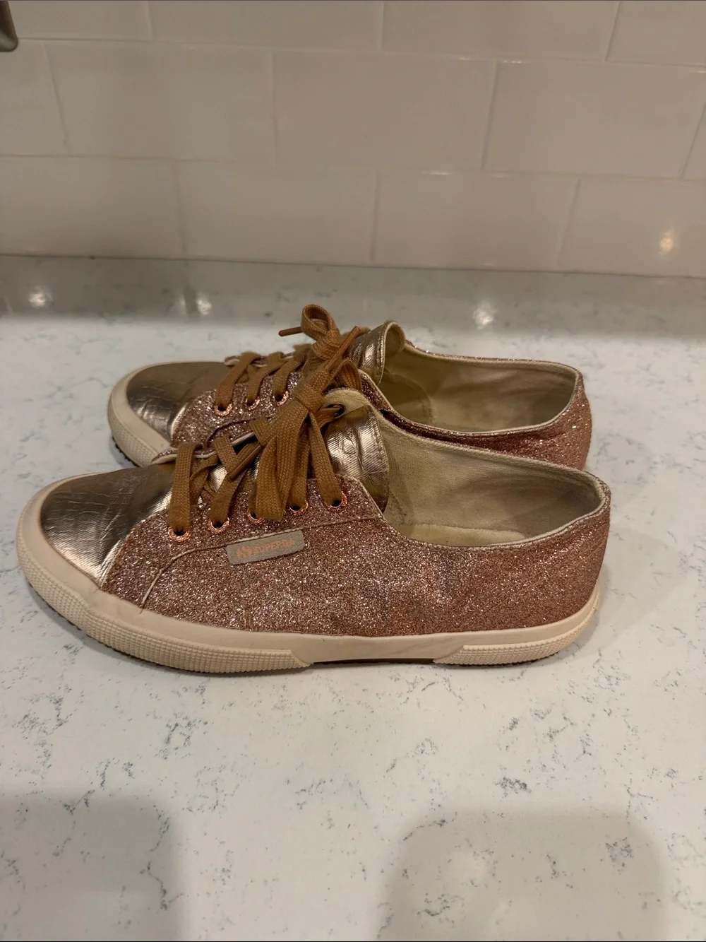 Superga Rose Gold Glitter and Metallic Lace-Up Glam Sneakers Size 38